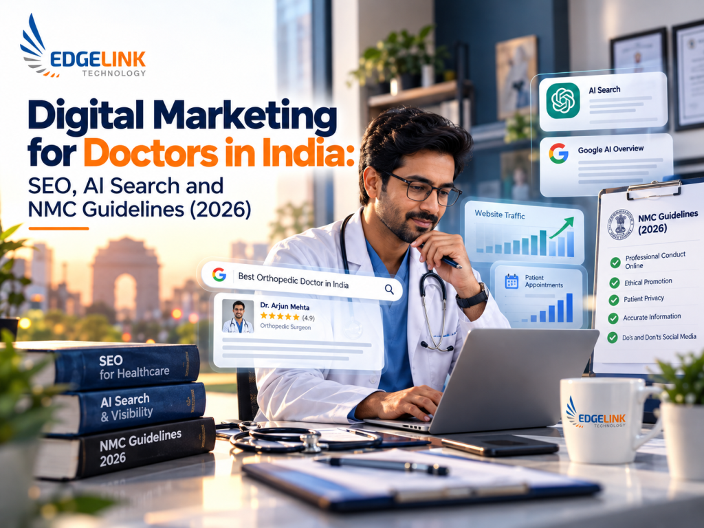 EdgeLink Technology Pvt. Ltd. banner about digital marketing for doctors in India, featuring SEO, AI search, NMC guidelines, and a doctor.